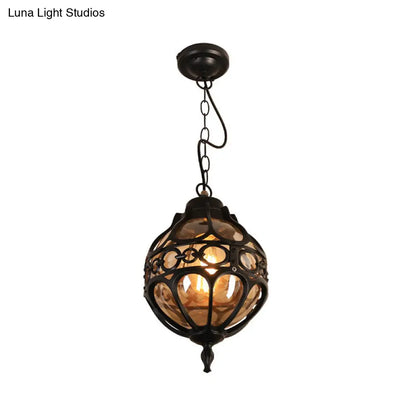 Amber Glass Hanging Pendant Light for Outdoor Balcony - Loft Sphere Design (1 Light, 7"/9" W) in Black/Bronze