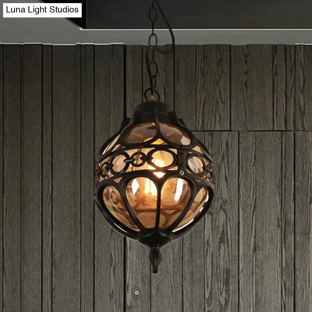 Amber Glass Hanging Pendant Light for Outdoor Balcony - Loft Sphere Design (1 Light, 7"/9" W) in Black/Bronze