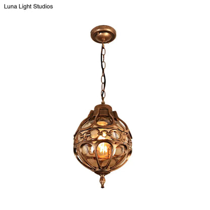 Amber Glass Hanging Pendant Light for Outdoor Balcony - Loft Sphere Design (1 Light, 7"/9" W) in Black/Bronze