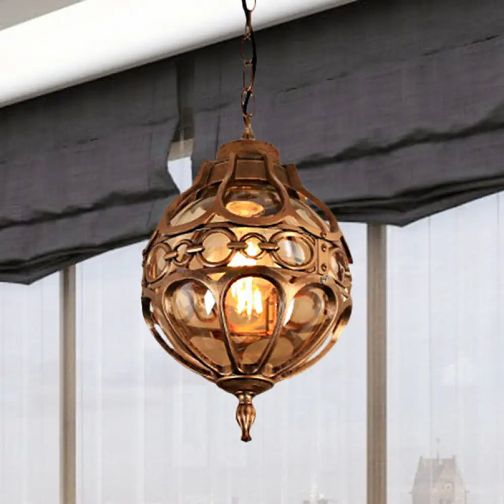 Amber Glass Hanging Pendant Light for Outdoor Balcony - Loft Sphere Design (1 Light, 7"/9" W) in Black/Bronze