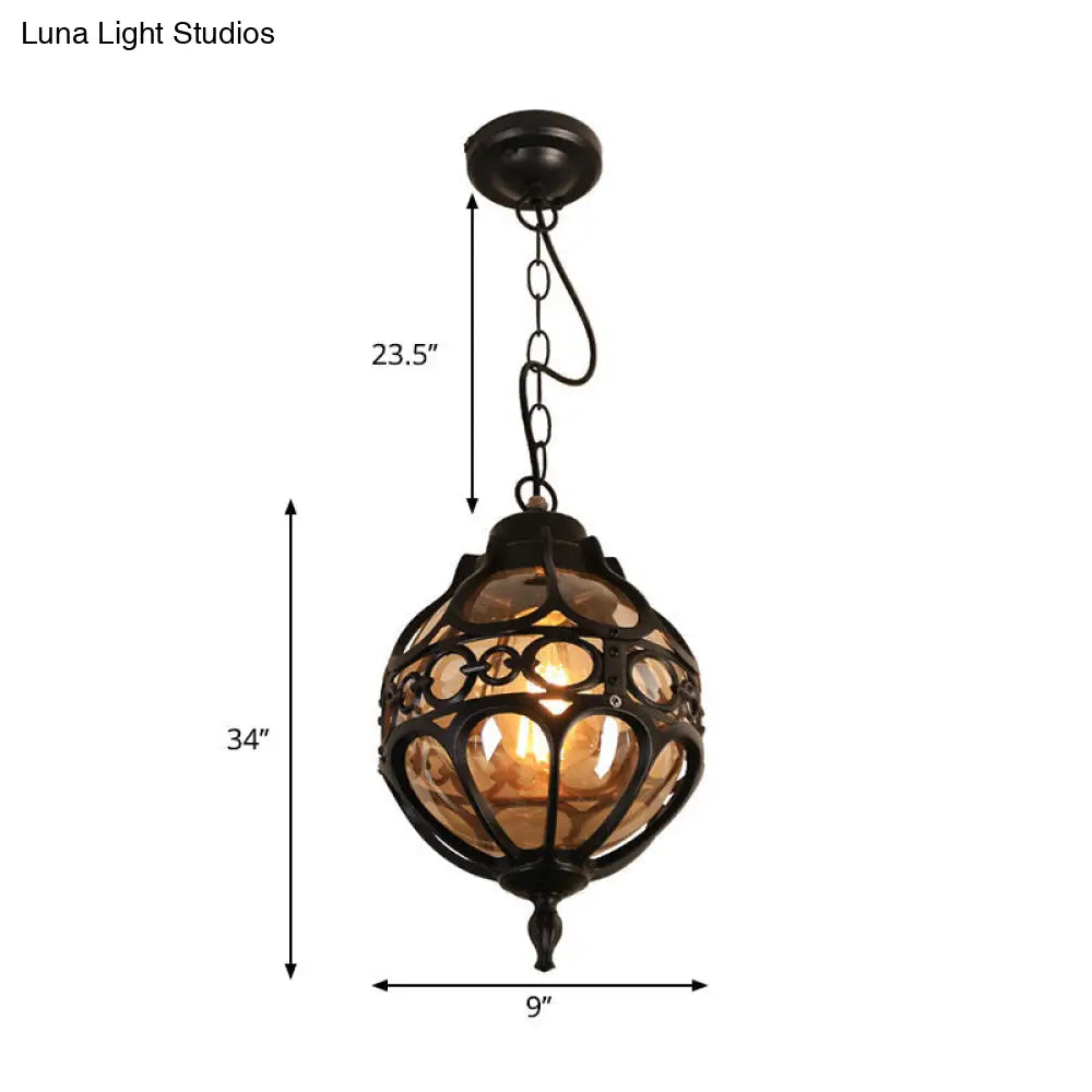 Amber Glass Hanging Pendant Light for Outdoor Balcony - Loft Sphere Design (1 Light, 7"/9" W) in Black/Bronze