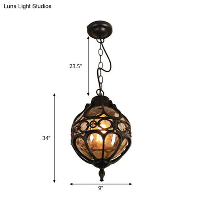 Amber Glass Hanging Pendant Light for Outdoor Balcony - Loft Sphere Design (1 Light, 7"/9" W) in Black/Bronze