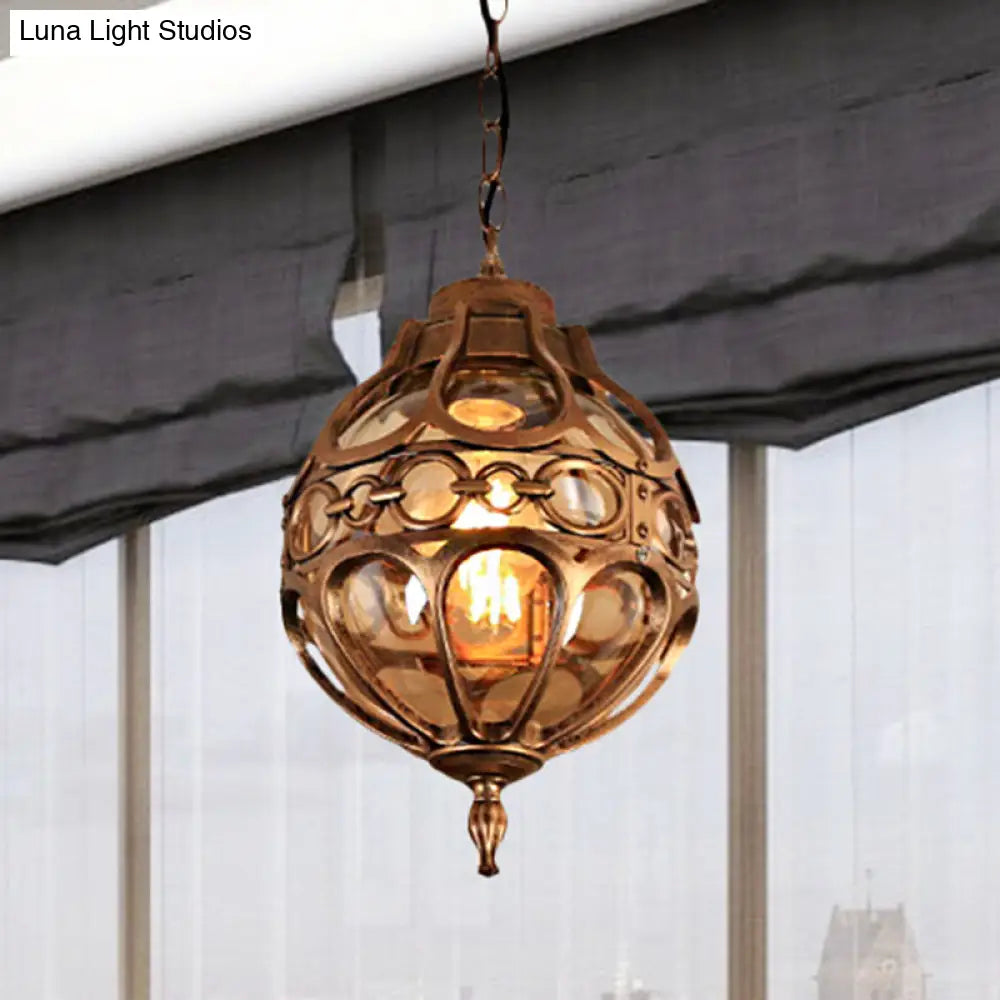 Amber Glass Hanging Pendant Light for Outdoor Balcony - Loft Sphere Design (1 Light, 7"/9" W) in Black/Bronze