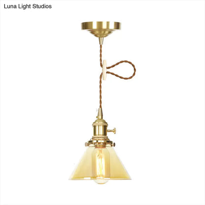 Amber Glass Industrial Pendant Lamp - Adjustable Cord - Hanging Ceiling Light - 1 Light Cone Design