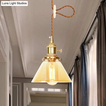 Amber Glass Industrial Pendant Lamp - Adjustable Cord - Hanging Ceiling Light - 1 Light Cone Design