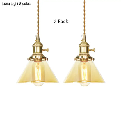 Amber Glass Industrial Pendant Lamp - Adjustable Cord - Hanging Ceiling Light - 1 Light Cone Design