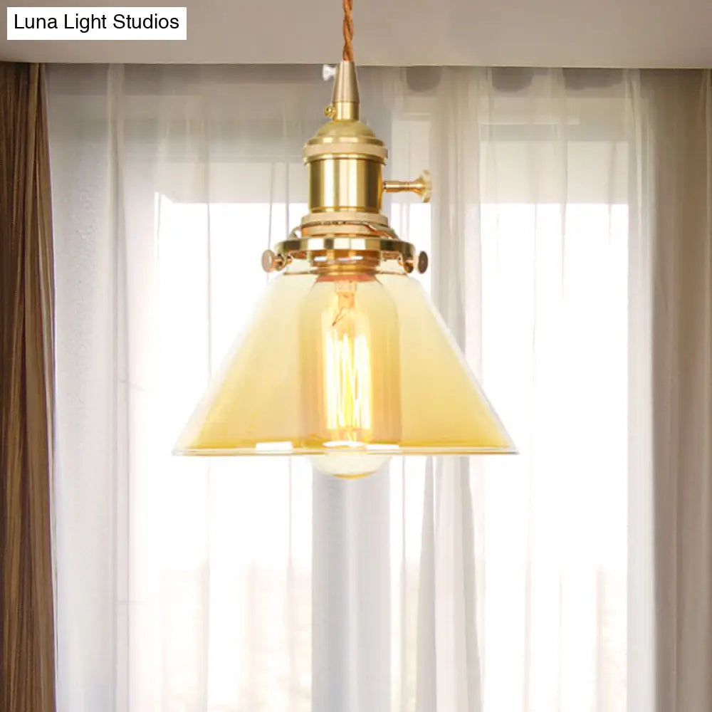 Amber Glass Industrial Pendant Lamp - Adjustable Cord - Hanging Ceiling Light - 1 Light Cone Design