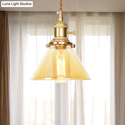 Amber Glass Industrial Pendant Lamp - Adjustable Cord - Hanging Ceiling Light - 1 Light Cone Design