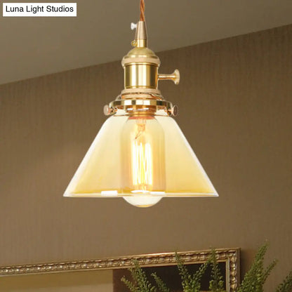 Amber Glass Industrial Pendant Lamp - Adjustable Cord - Hanging Ceiling Light - 1 Light Cone Design