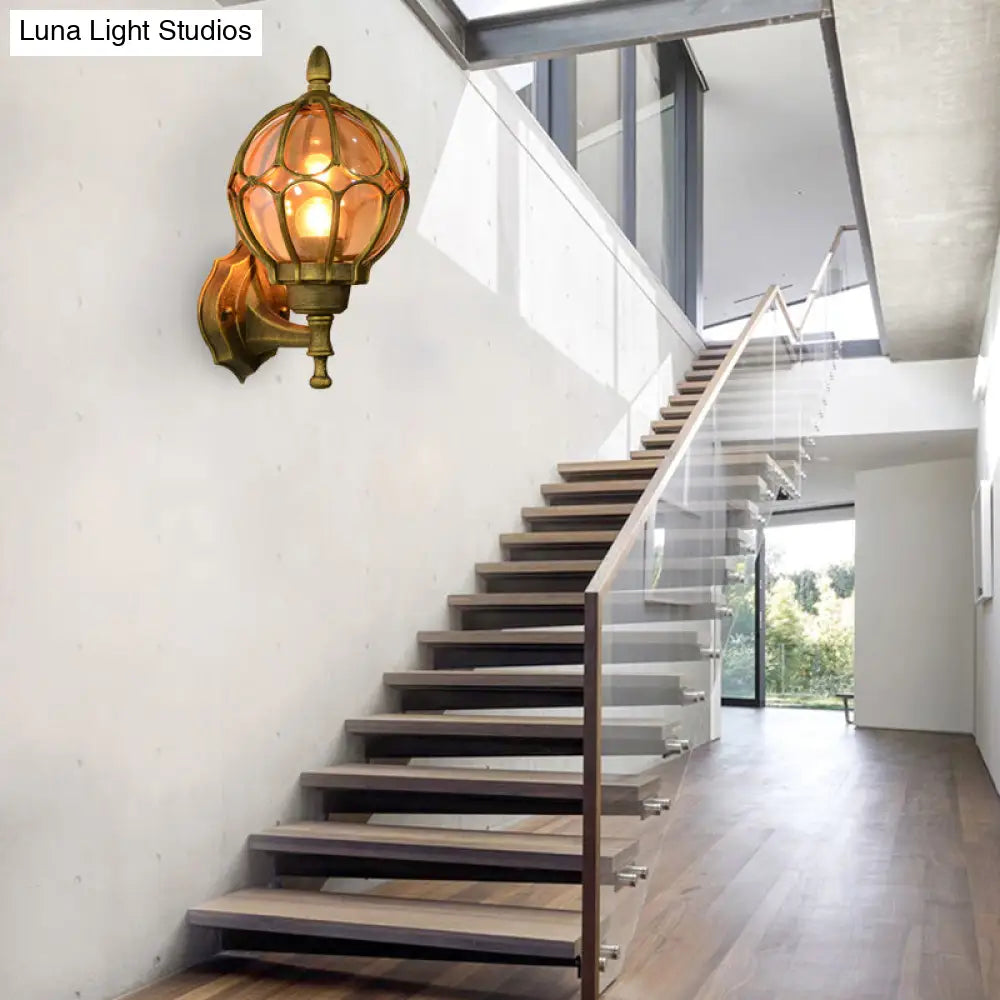 Aplique de pared industrial de cristal ámbar - Lámpara de salón tipo globo en negro/dorado/bronce, disponible en 3 tamaños.