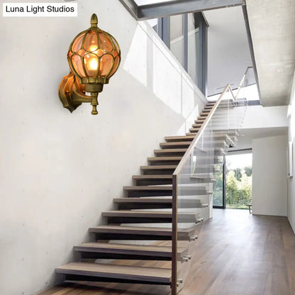 Aplique de pared industrial de cristal ámbar - Lámpara de salón tipo globo en negro/dorado/bronce, disponible en 3 tamaños.