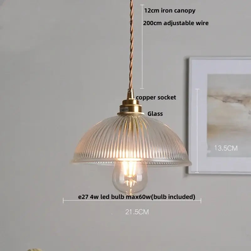Translucent ribbed amber glass led pendant lamp with brass copper socket and adjustable iron canopy for kitchen lighting