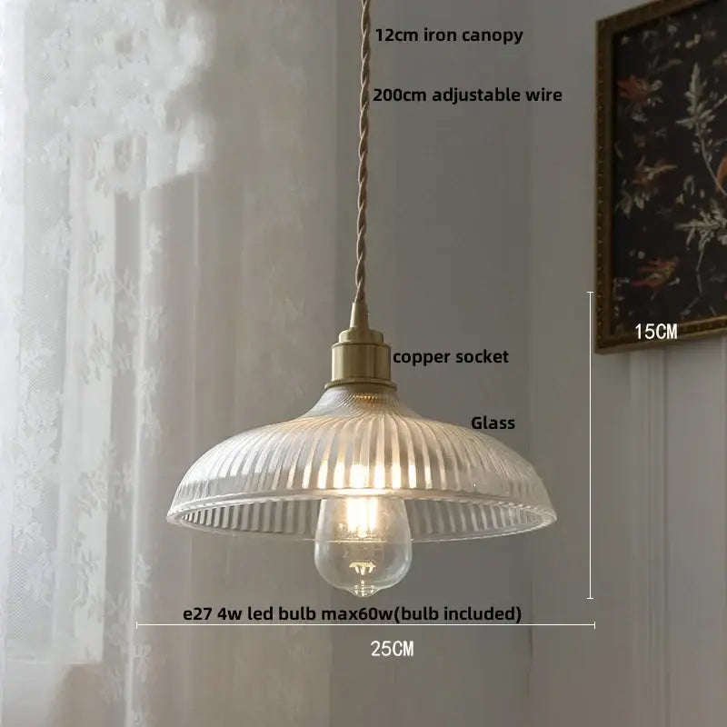 Translucent ribbed amber glass led pendant lamp with brass copper socket and iron canopy for kitchen lighting
