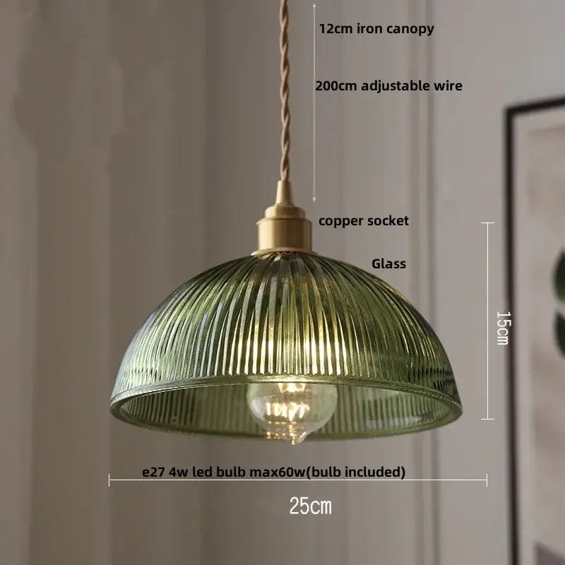 Amber glass led pendant lamp with green ribbed glass, brass copper socket, and adjustable wire for kitchen lighting