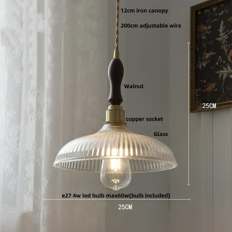 Vintage pendant lamp with amber glass led clear ribbed shade, walnut iron canopy, and copper socket for kitchen light