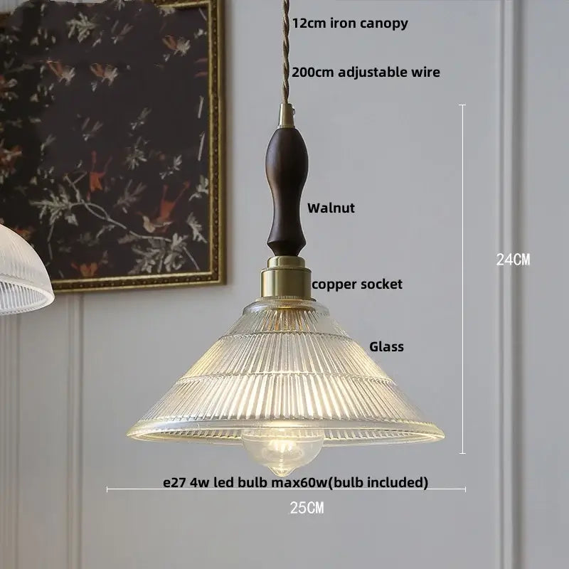 Vintage-style amber glass led pendant lamp with ribbed clear glass shade, walnut handle, and copper socket for kitchen light