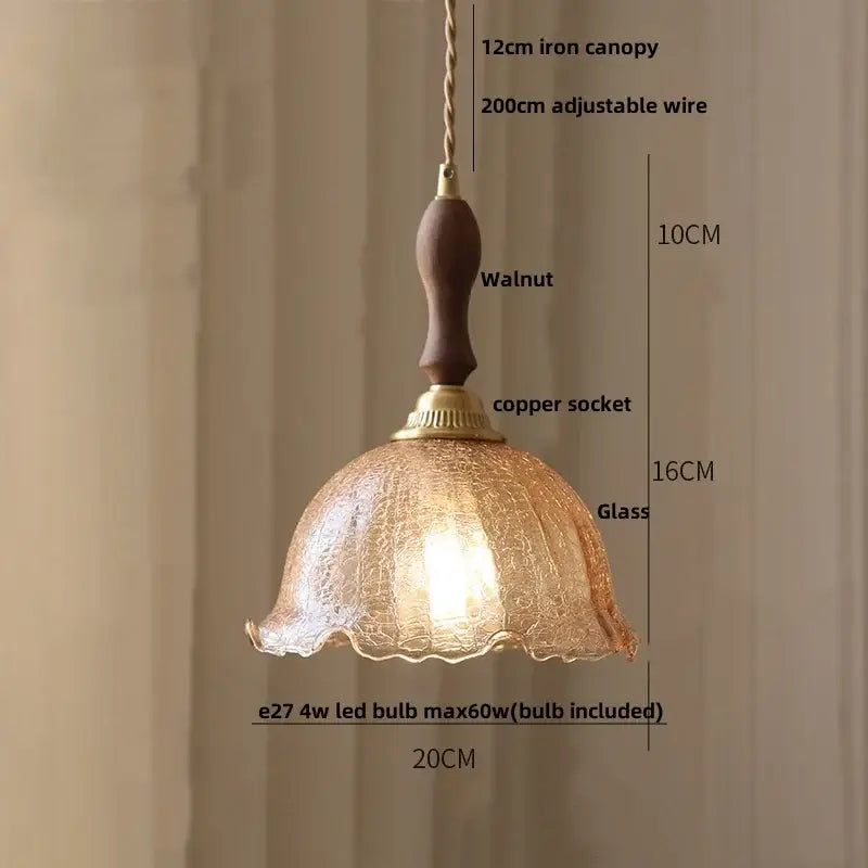 Warm amber glass led pendant lamp with crackled glass, walnut-finished handle, and brass copper socket for kitchens