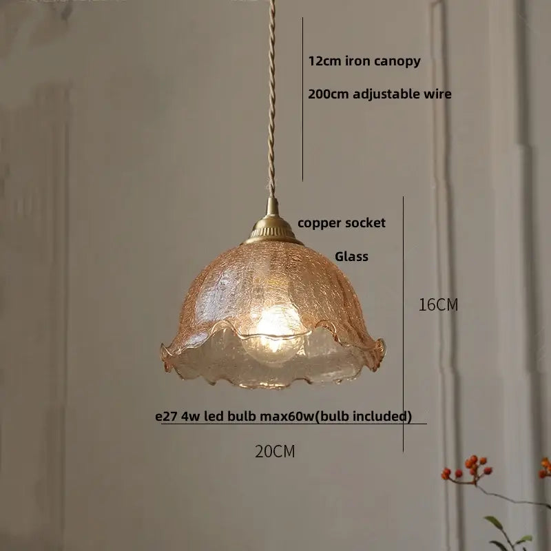 Amber glass led pendant lamp with textured glass shade, copper socket, and adjustable iron canopy for kitchen lighting