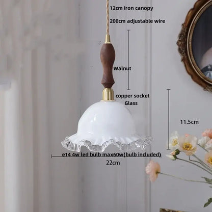 White glass pendant lamp with fluted ruffled edge and dark walnut handle for amber glass led pendant lighting