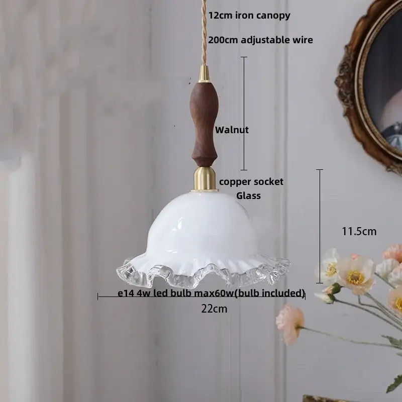 White glass pendant lamp with fluted ruffled edge and dark walnut handle for amber glass led pendant lighting