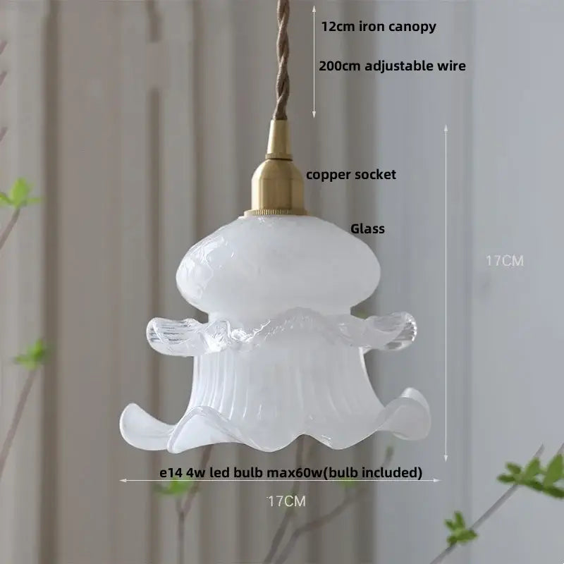 White glass led pendant lamp with frosted flower design and brass copper socket for kitchen lighting