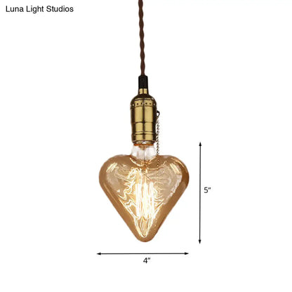 Amber Glass Pendant Lamp: Industrial Brass Heart Shape Down Lighting