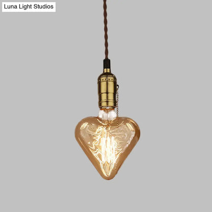 Amber Glass Pendant Lamp: Industrial Brass Heart Shape Down Lighting