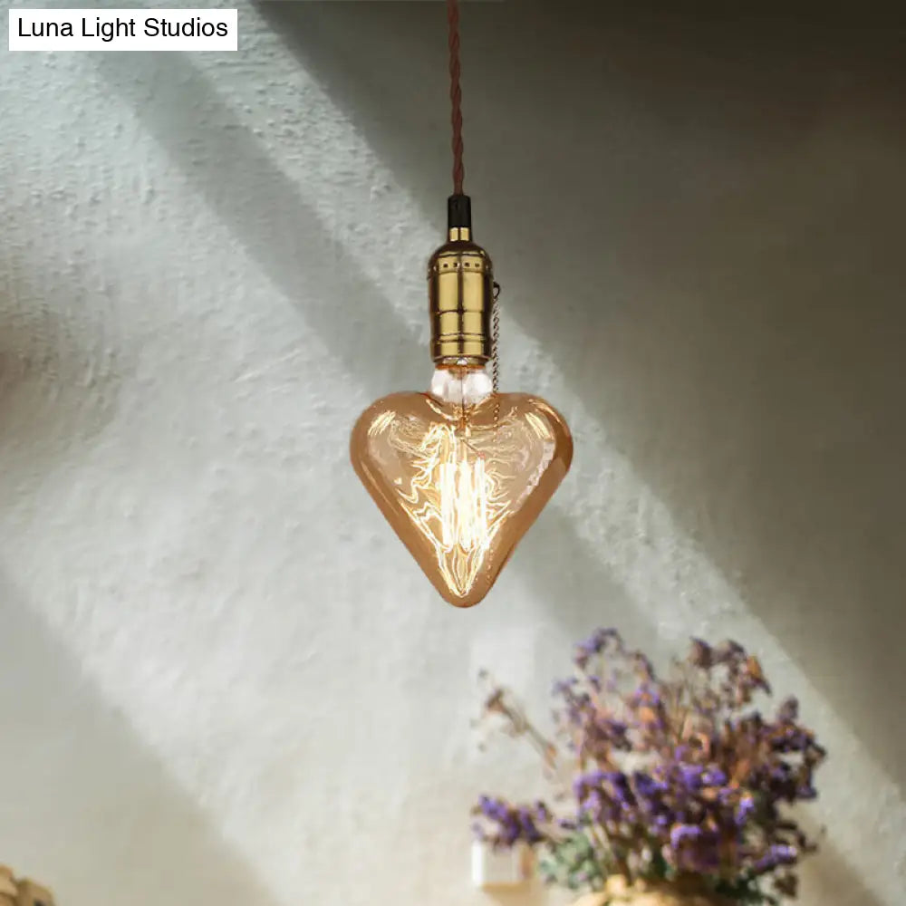 Amber Glass Pendant Lamp: Industrial Brass Heart Shape Down Lighting