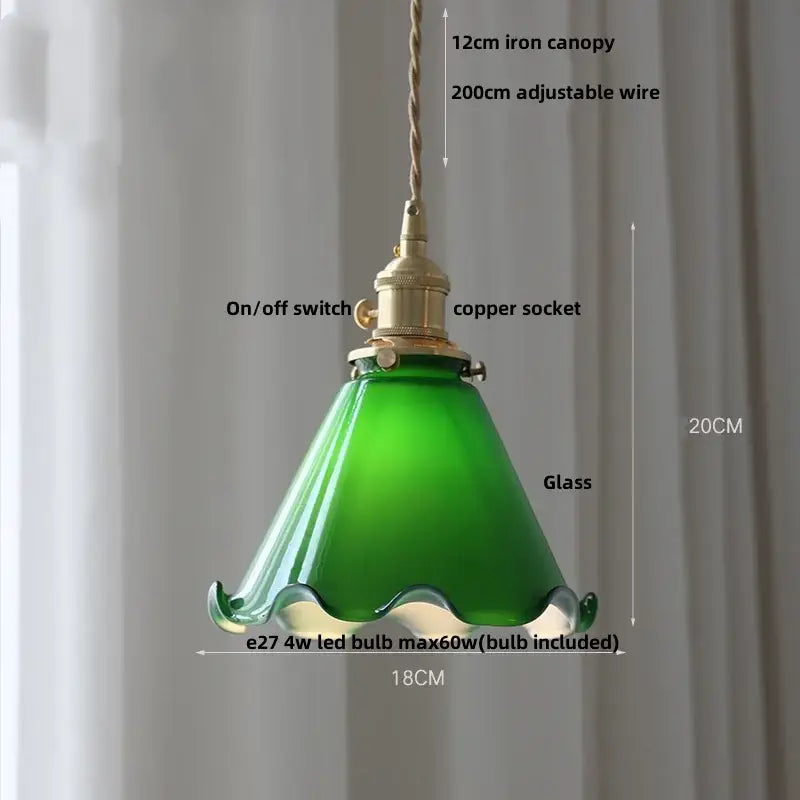 Green glass pendant light with brass-finished decorbites brass knob switch and adjustable wire suspension for dining room