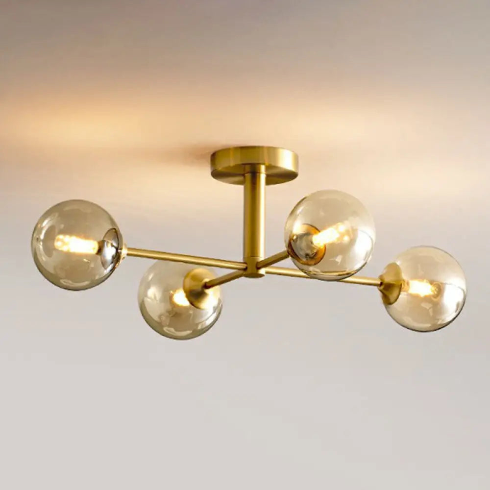 DecorBites™ DecorBites™ Amber Glass Semi-Flush Ceiling Pendant in Gold - Postmodern Spherical Dining Room Lighting