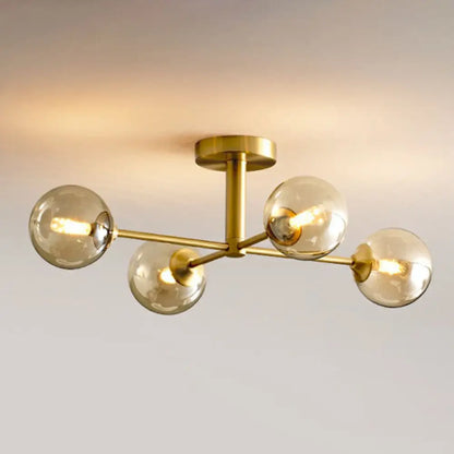 DecorBites™ DecorBites™ Amber Glass Semi-Flush Ceiling Pendant in Gold - Postmodern Spherical Dining Room Lighting
