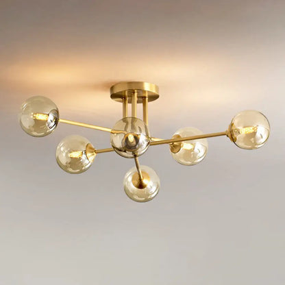 DecorBites™ DecorBites™ Amber Glass Semi-Flush Ceiling Pendant in Gold - Postmodern Spherical Dining Room Lighting