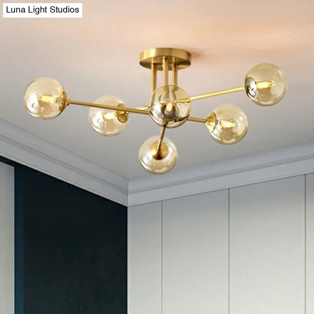 DecorBites™ DecorBites™ Amber Glass Semi-Flush Ceiling Pendant in Gold - Postmodern Spherical Dining Room Lighting