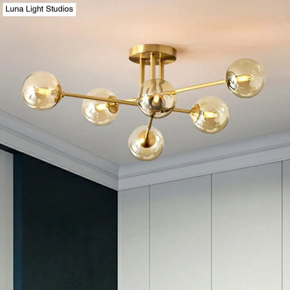 DecorBites™ DecorBites™ Amber Glass Semi-Flush Ceiling Pendant in Gold - Postmodern Spherical Dining Room Lighting