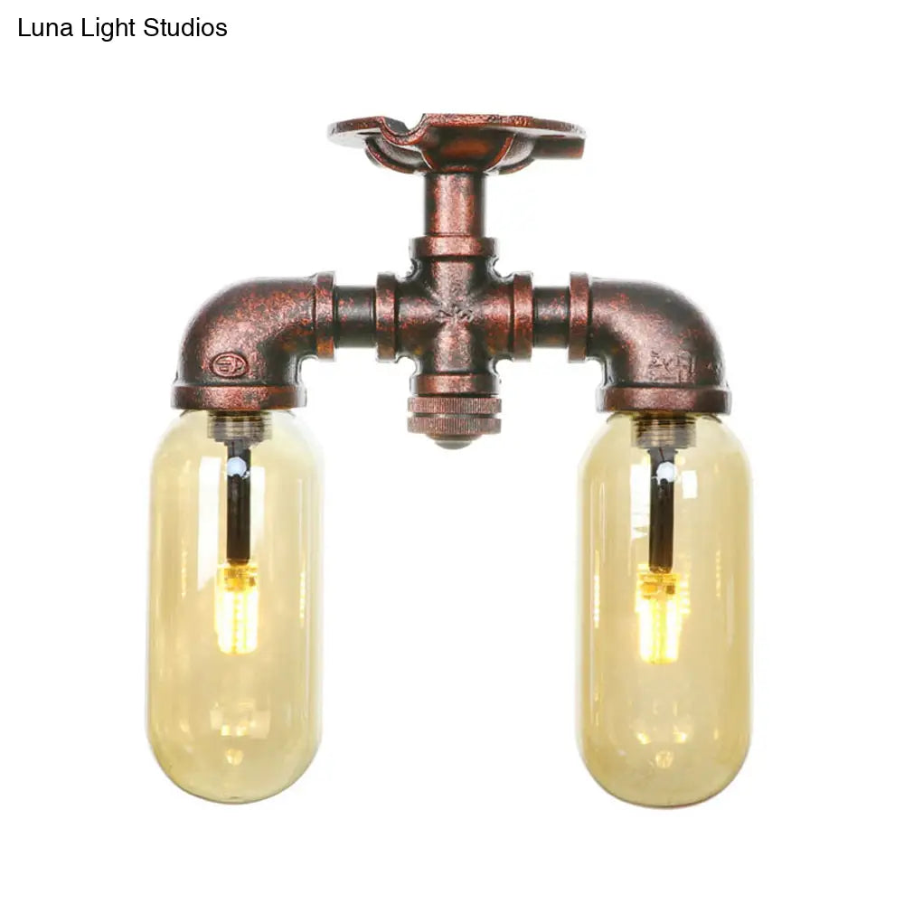 وحدة إضاءة صناعية شبه مستوية من ديكوربايتس™ لغرفة الطعام مصنوعة من زجاج العنبر، مصنوعة من النحاس المتآكل - غطاء كبسولة، مصباحان