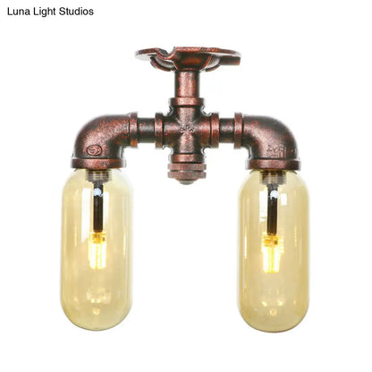 وحدة إضاءة صناعية شبه مستوية من ديكوربايتس™ لغرفة الطعام مصنوعة من زجاج العنبر، مصنوعة من النحاس المتآكل - غطاء كبسولة، مصباحان