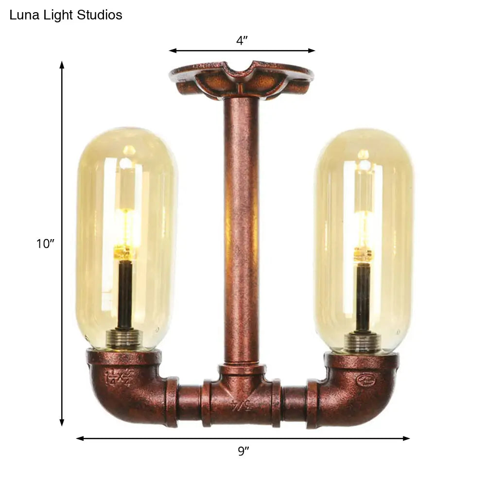 وحدة إضاءة صناعية شبه مستوية من ديكوربايتس™ لغرفة الطعام مصنوعة من زجاج العنبر، مصنوعة من النحاس المتآكل - غطاء كبسولة، مصباحان