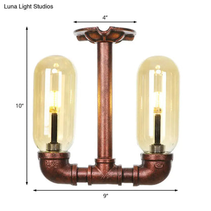 وحدة إضاءة صناعية شبه مستوية من ديكوربايتس™ لغرفة الطعام مصنوعة من زجاج العنبر، مصنوعة من النحاس المتآكل - غطاء كبسولة، مصباحان