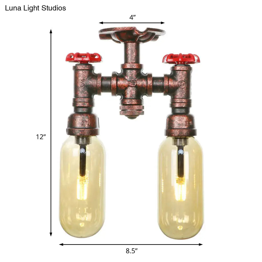 وحدة إضاءة صناعية شبه مستوية من ديكوربايتس™ لغرفة الطعام مصنوعة من زجاج العنبر، مصنوعة من النحاس المتآكل - غطاء كبسولة، مصباحان