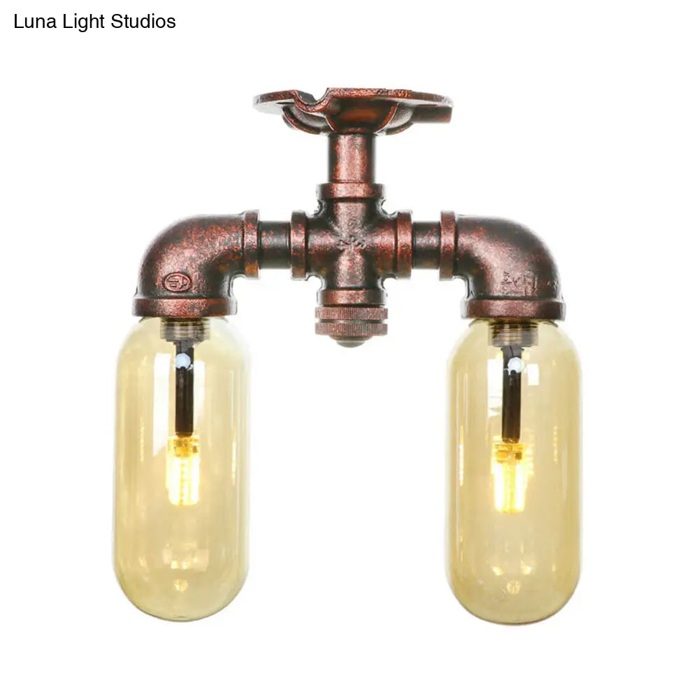 وحدة إضاءة صناعية شبه مستوية من ديكوربايتس™ لغرفة الطعام مصنوعة من زجاج العنبر، مصنوعة من النحاس المتآكل - غطاء كبسولة، مصباحان