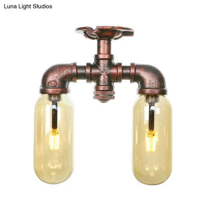 وحدة إضاءة صناعية شبه مستوية من ديكوربايتس™ لغرفة الطعام مصنوعة من زجاج العنبر، مصنوعة من النحاس المتآكل - غطاء كبسولة، مصباحان