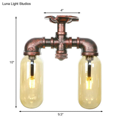 وحدة إضاءة صناعية شبه مستوية من ديكوربايتس™ لغرفة الطعام مصنوعة من زجاج العنبر، مصنوعة من النحاس المتآكل - غطاء كبسولة، مصباحان