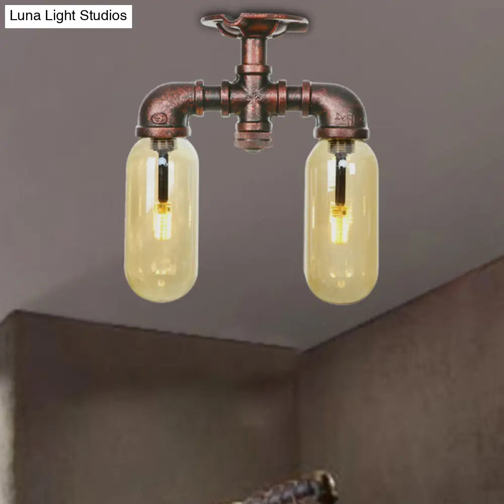 وحدة إضاءة صناعية شبه مستوية من ديكوربايتس™ لغرفة الطعام مصنوعة من زجاج العنبر، مصنوعة من النحاس المتآكل - غطاء كبسولة، مصباحان