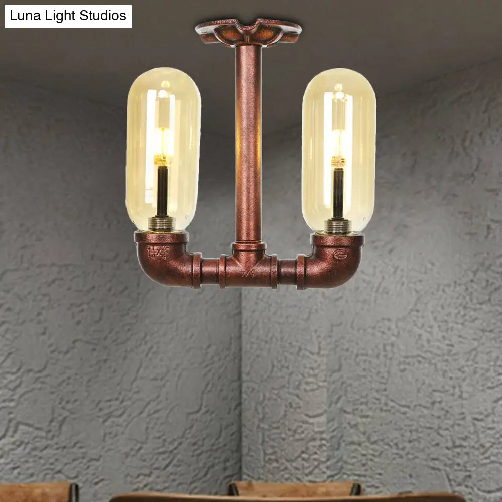 وحدة إضاءة صناعية شبه مستوية من ديكوربايتس™ لغرفة الطعام مصنوعة من زجاج العنبر، مصنوعة من النحاس المتآكل - غطاء كبسولة، مصباحان