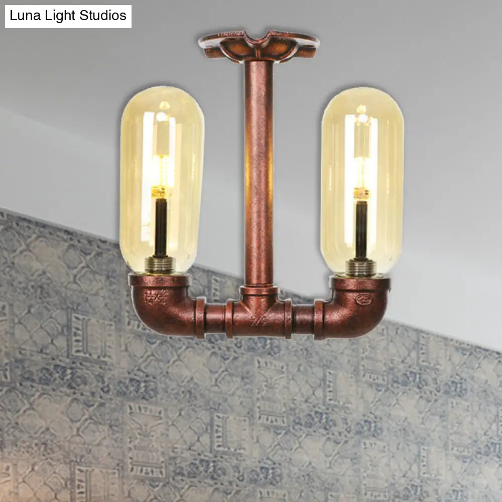 وحدة إضاءة صناعية شبه مستوية من ديكوربايتس™ لغرفة الطعام مصنوعة من زجاج العنبر، مصنوعة من النحاس المتآكل - غطاء كبسولة، مصباحان