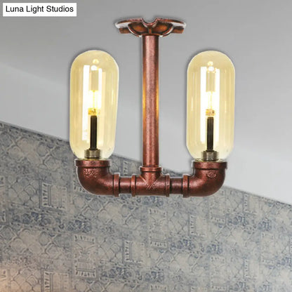 وحدة إضاءة صناعية شبه مستوية من ديكوربايتس™ لغرفة الطعام مصنوعة من زجاج العنبر، مصنوعة من النحاس المتآكل - غطاء كبسولة، مصباحان