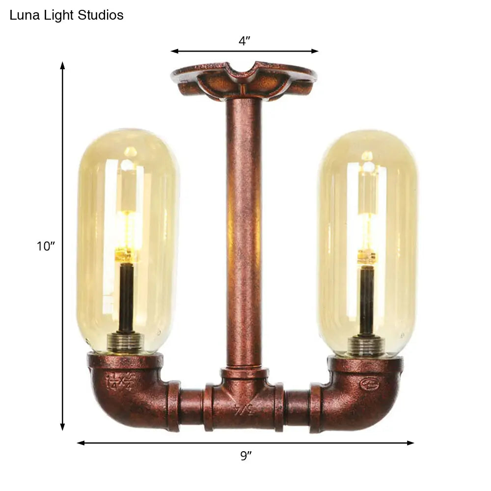 وحدة إضاءة صناعية شبه مستوية من ديكوربايتس™ لغرفة الطعام مصنوعة من زجاج العنبر، مصنوعة من النحاس المتآكل - غطاء كبسولة، مصباحان