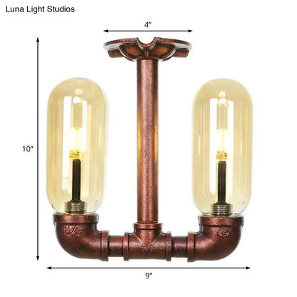 وحدة إضاءة صناعية شبه مستوية من ديكوربايتس™ لغرفة الطعام مصنوعة من زجاج العنبر، مصنوعة من النحاس المتآكل - غطاء كبسولة، مصباحان