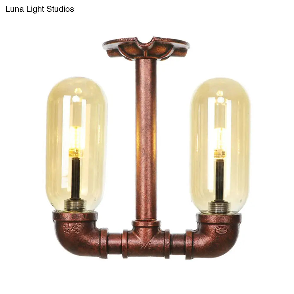 وحدة إضاءة صناعية شبه مستوية من ديكوربايتس™ لغرفة الطعام مصنوعة من زجاج العنبر، مصنوعة من النحاس المتآكل - غطاء كبسولة، مصباحان