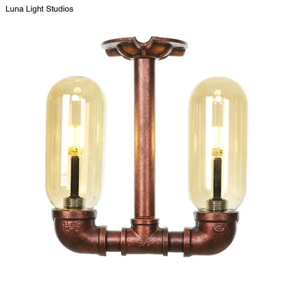 وحدة إضاءة صناعية شبه مستوية من ديكوربايتس™ لغرفة الطعام مصنوعة من زجاج العنبر، مصنوعة من النحاس المتآكل - غطاء كبسولة، مصباحان